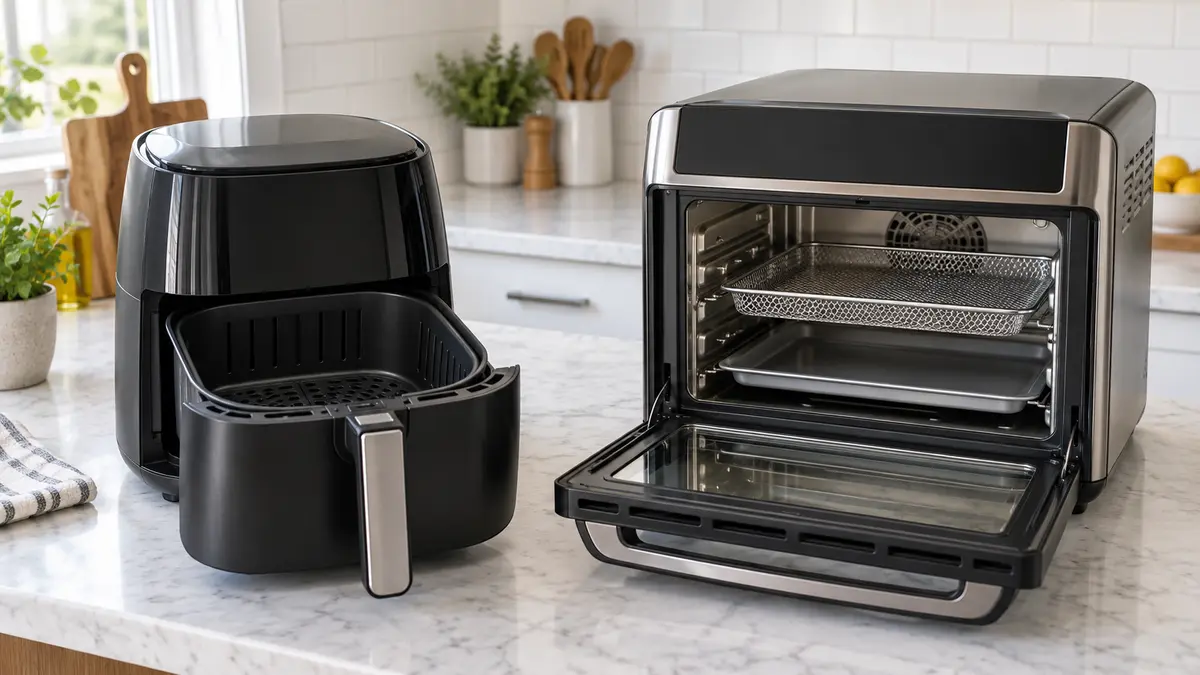 Unbranded basket-style and oven-style air fryers on a kitchen counter