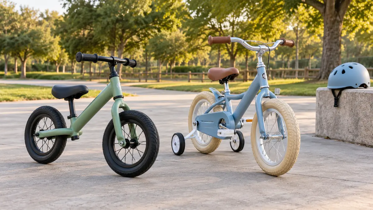 Child-size balance bike beside a pedal bike with training wheels