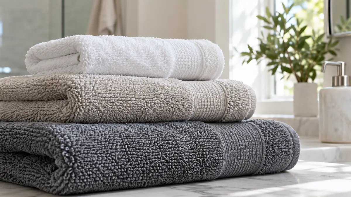 Folded bath towels showing loop texture and reinforced hems