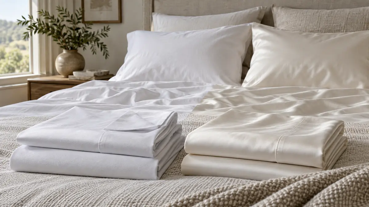 Neutral bed linens showing percale and sateen textures