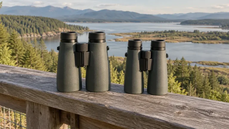 Unbranded 8x42 and 10x42 binoculars overlooking a natural landscape