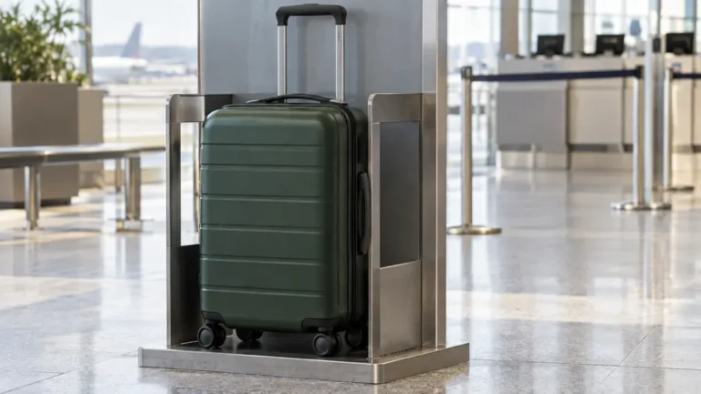 Illustrative carry-on suitcase beside an airport baggage sizing frame