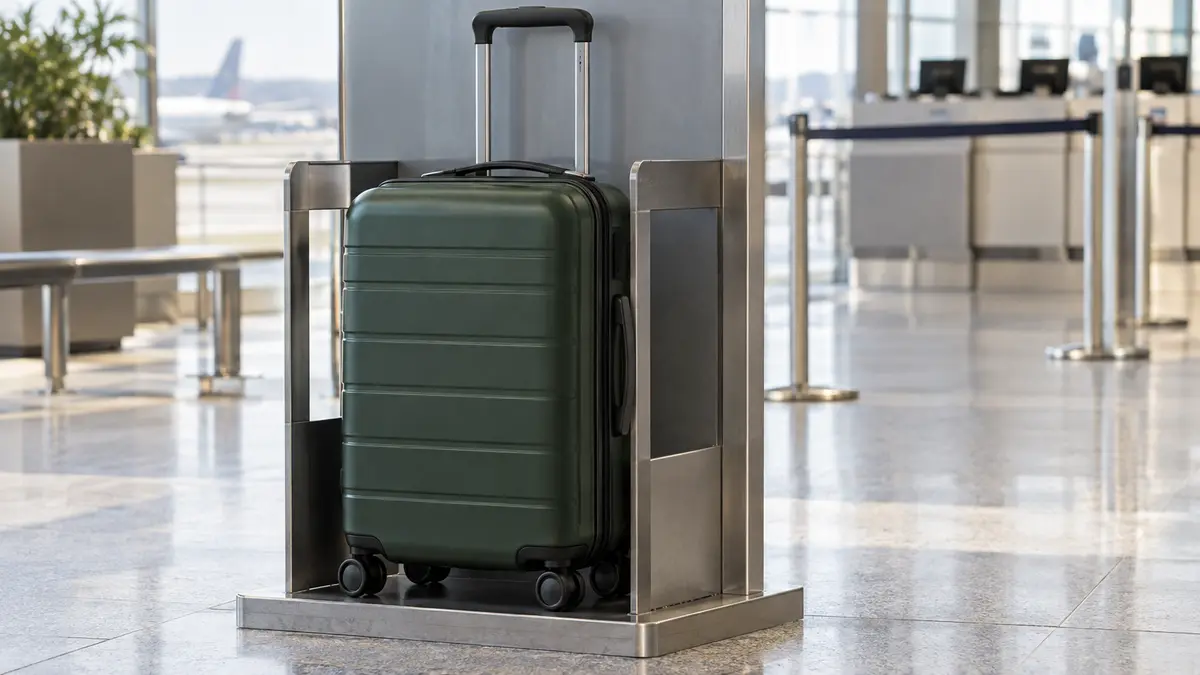 Illustrative carry-on suitcase beside an airport baggage sizing frame