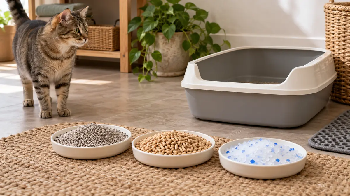 Clay, plant-based and crystal cat litter samples beside a clean litter box
