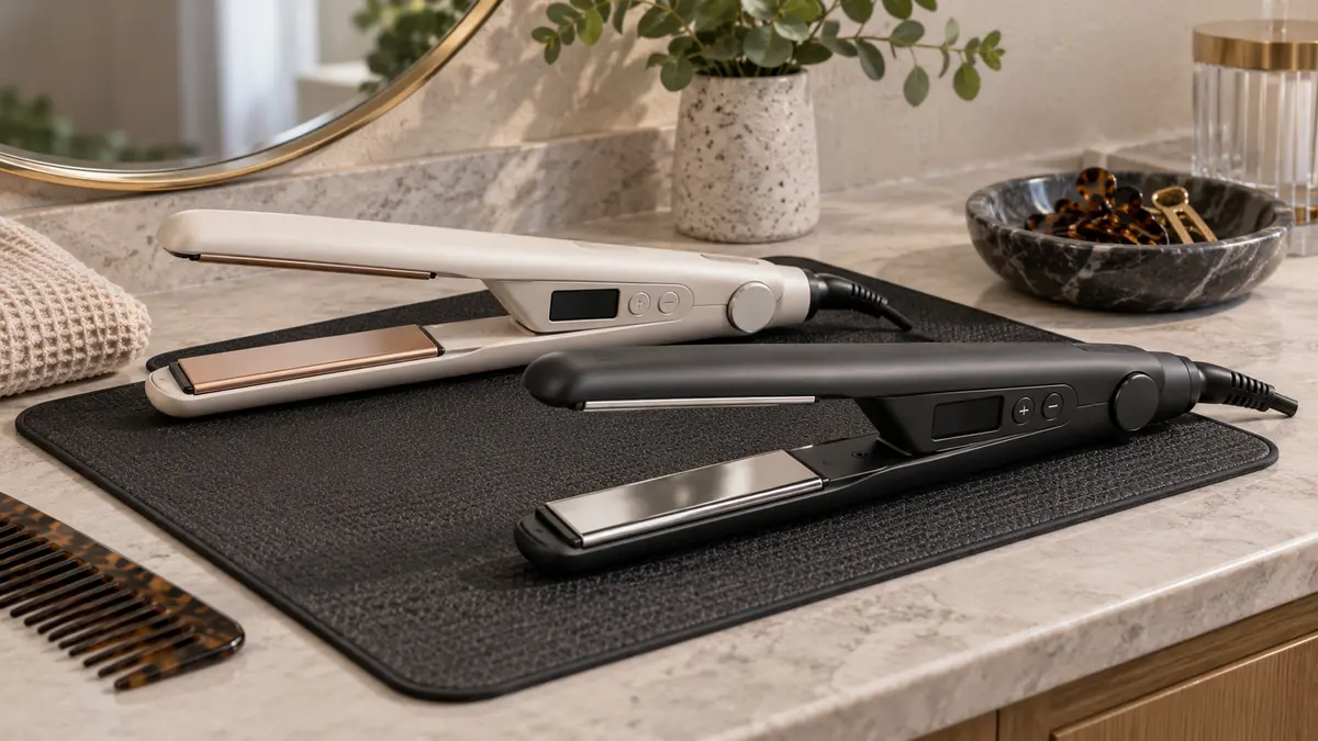 Ceramic and titanium-style flat irons on a heat-resistant mat