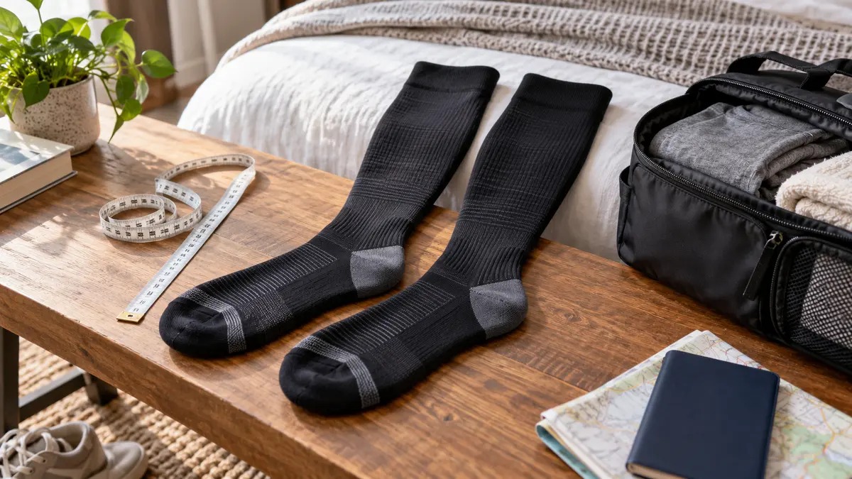 Graduated compression socks with measuring tape and travel bag