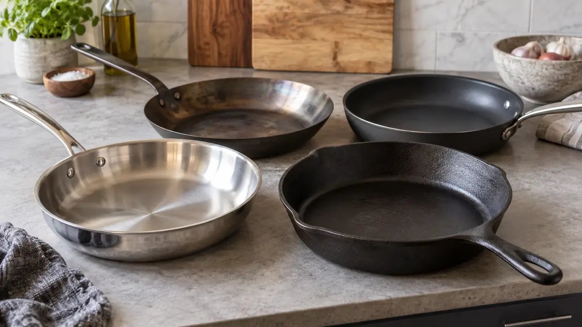 Stainless steel, cast iron and coated pans showing different constructions