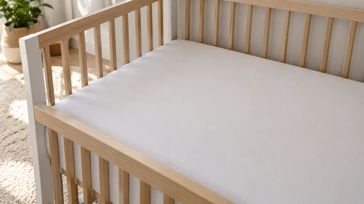 Firm crib mattress fitting tightly inside a modern crib