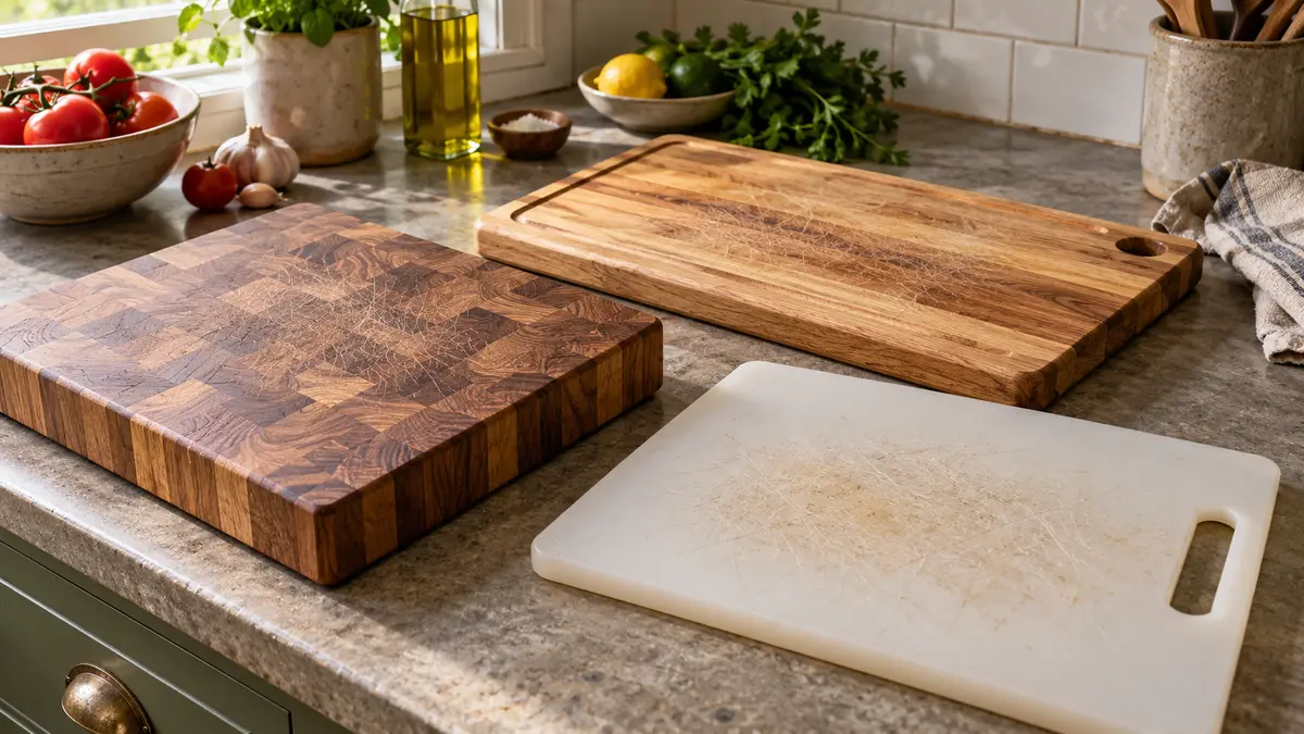 Wood and plastic cutting boards on a clean kitchen counter