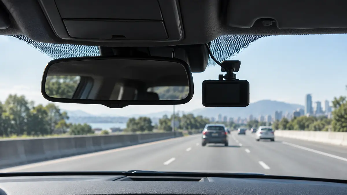 Compact unbranded dash camera mounted discreetly behind a rearview mirror