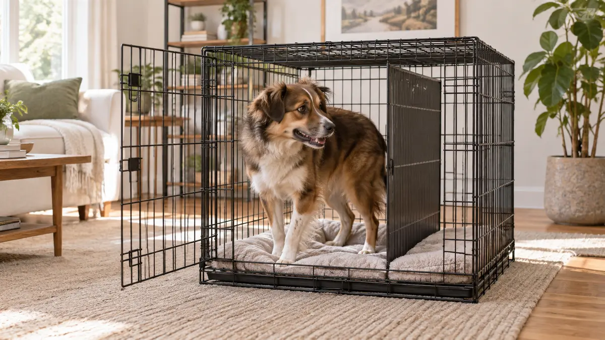 Dog standing comfortably in a correctly sized unbranded crate