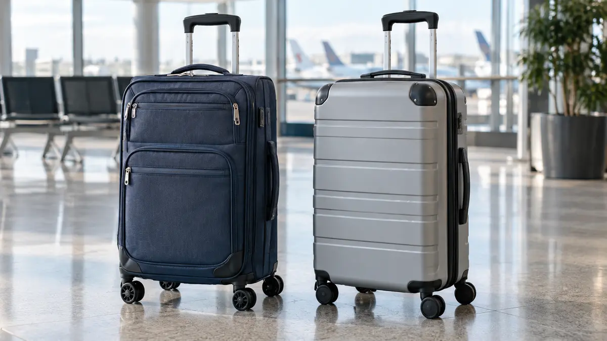 Unbranded hard-shell and soft-sided luggage showing wheels, handles and reinforced corners