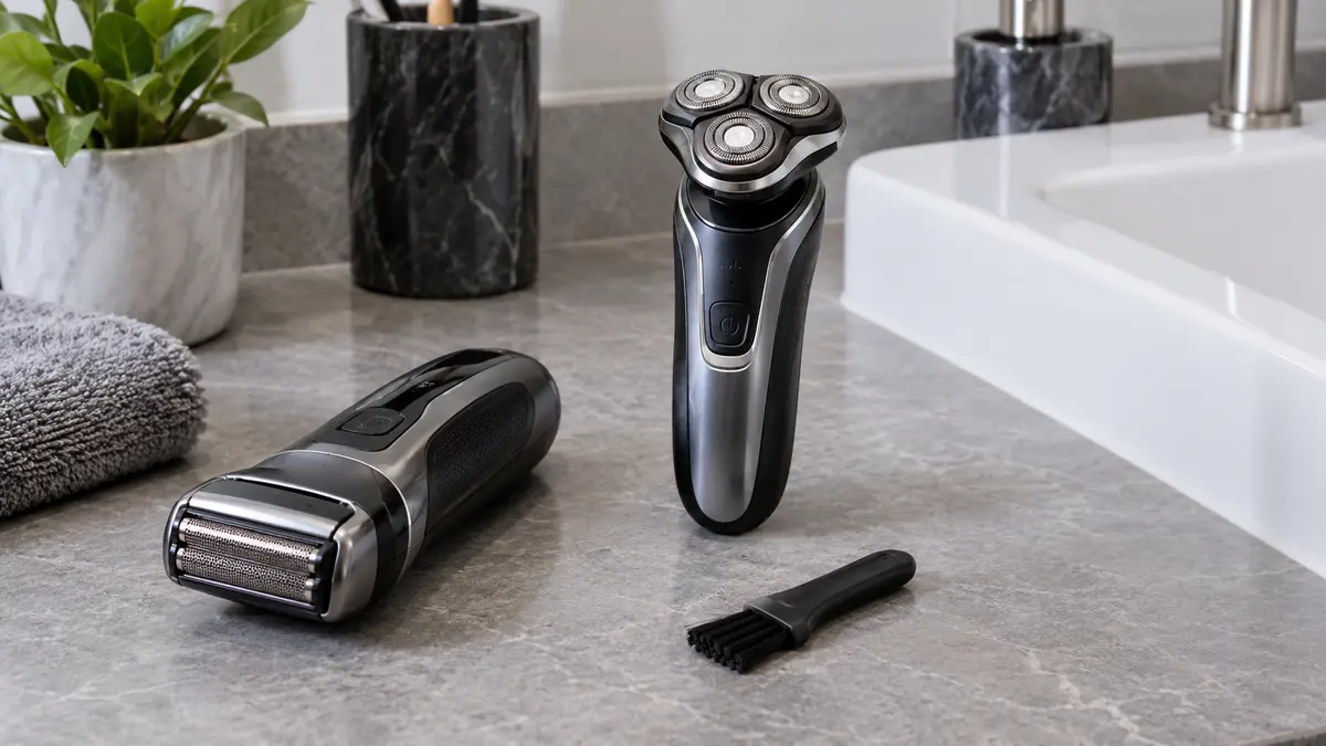 Foil and rotary electric shavers with cleaning brush