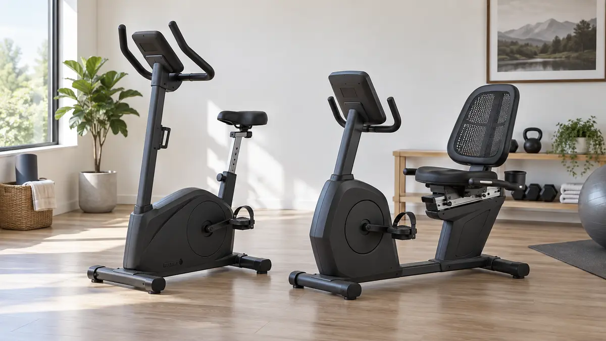 Upright and recumbent exercise bikes in a bright home gym