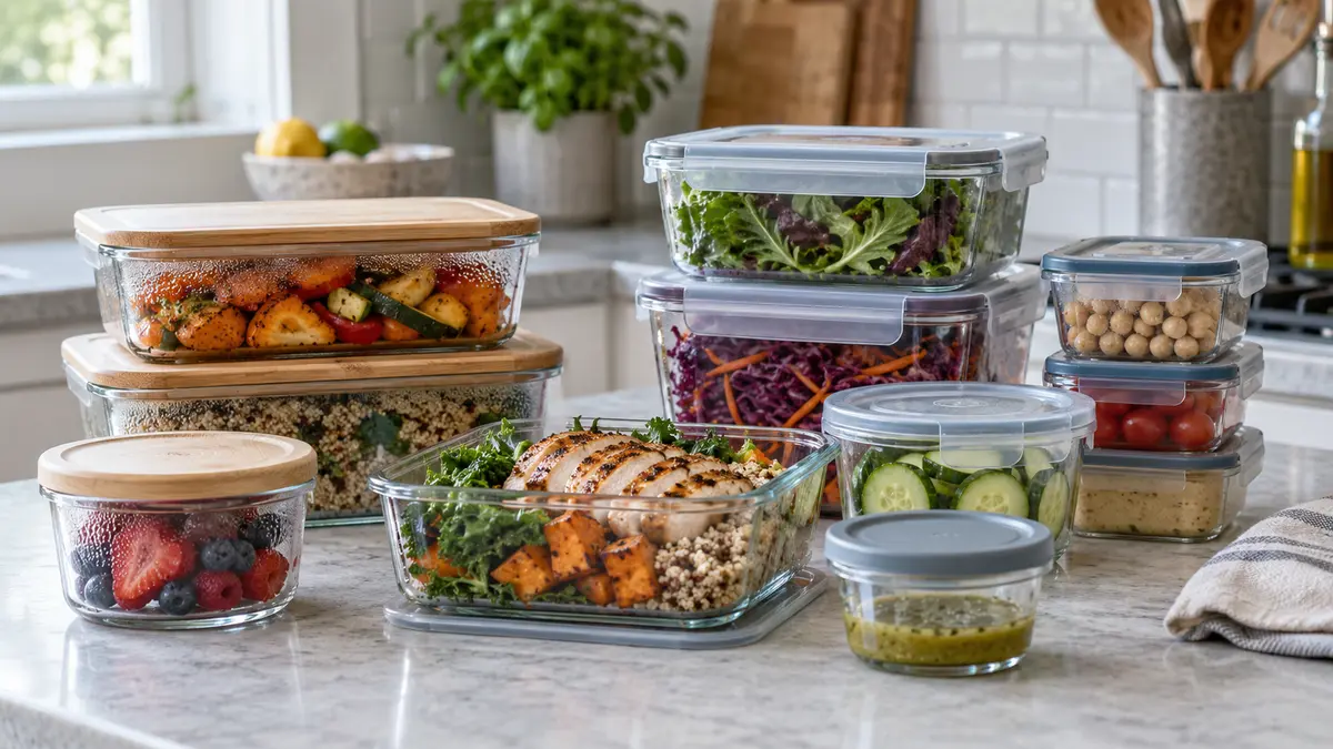 Glass and plastic food-storage containers with fitted lids