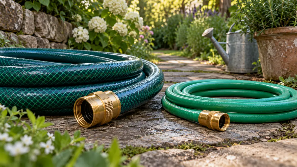 Two garden hoses of different diameters with brass couplings