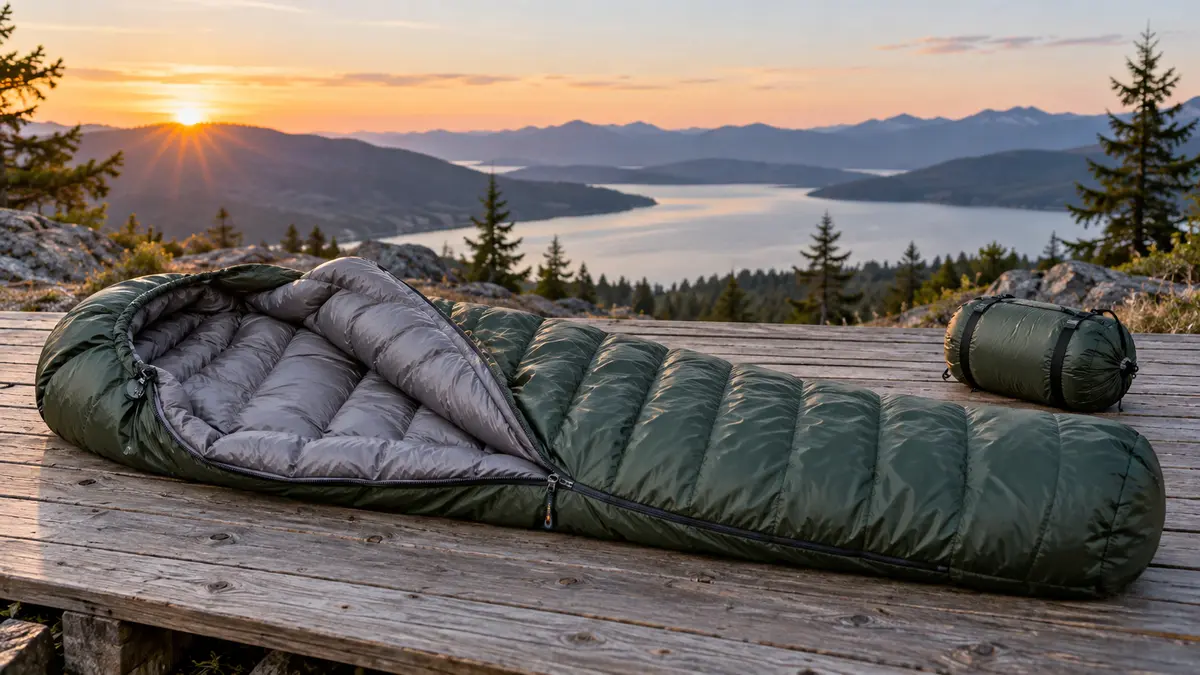 Unbranded sleeping bag and stuff sack at a cool-weather campsite