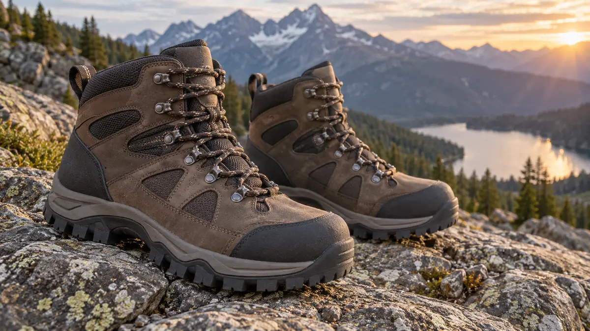 Unbranded hiking boots showing tread, lacing and reinforced toe