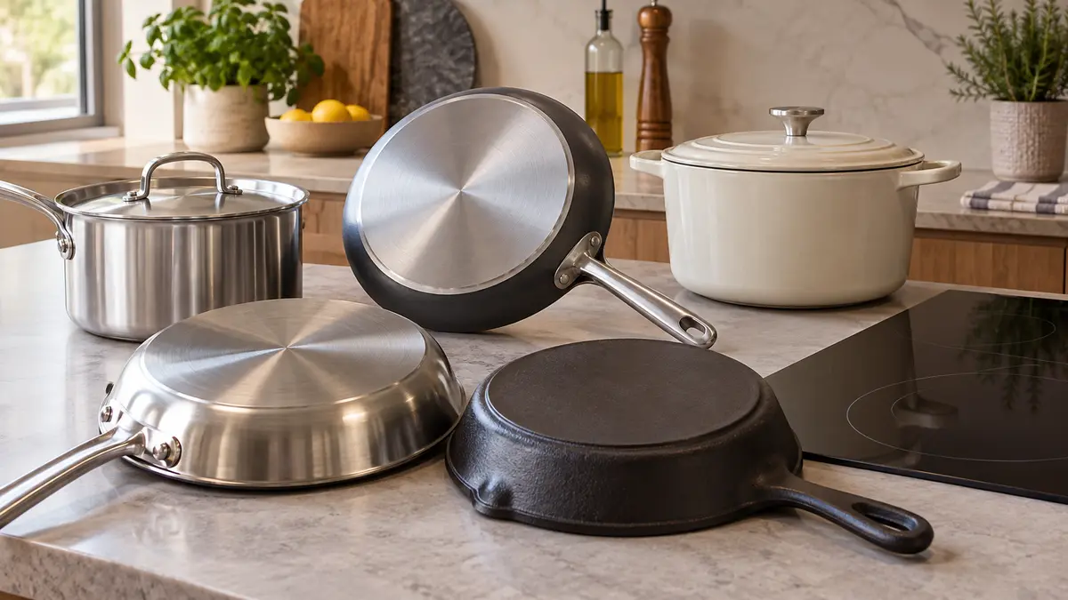Magnetic cookware bases beside a modern induction cooktop