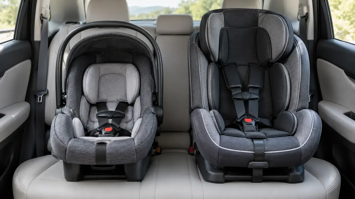 Unbranded infant carrier seat and convertible car seat in a vehicle setting