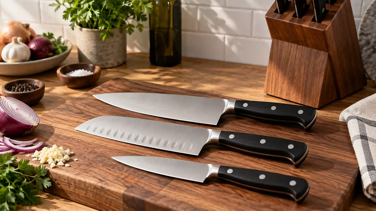 Three unbranded kitchen knives on a wooden prep surface