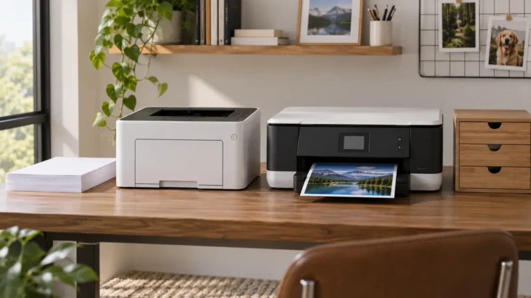Compact monochrome laser printer and color inkjet printer in a home office