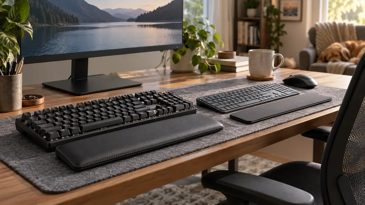 Mechanical and slim membrane keyboards on an ergonomic desk