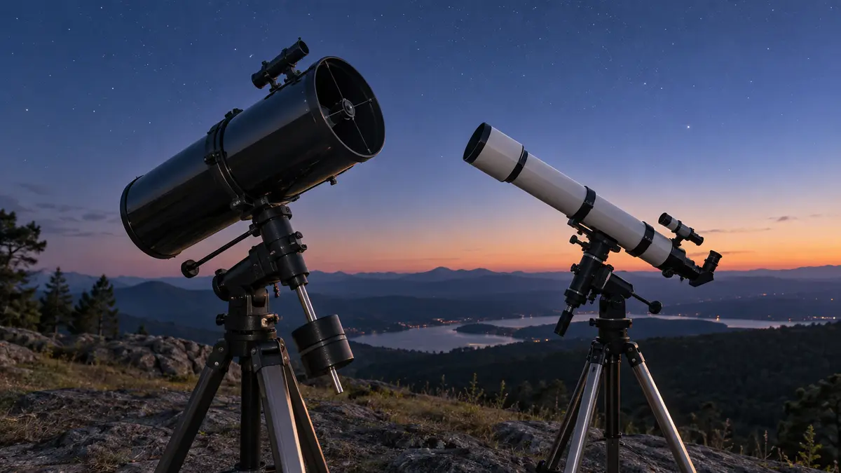 Reflector and refractor telescopes under a clear evening sky