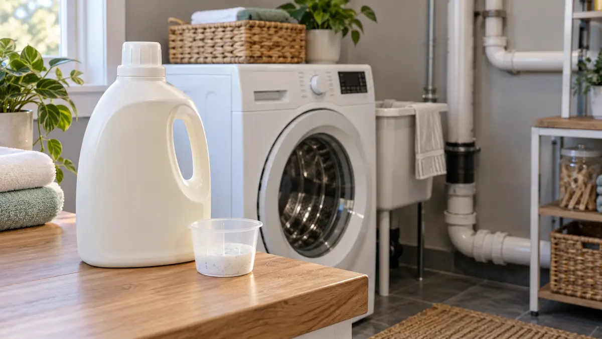Laundry supplies near a washer with a subtle home plumbing context