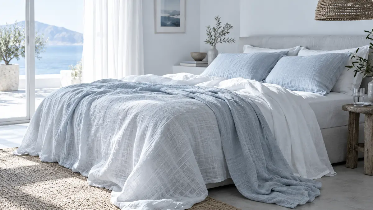 Lightweight breathable sheets on a bright, cool bedroom setup