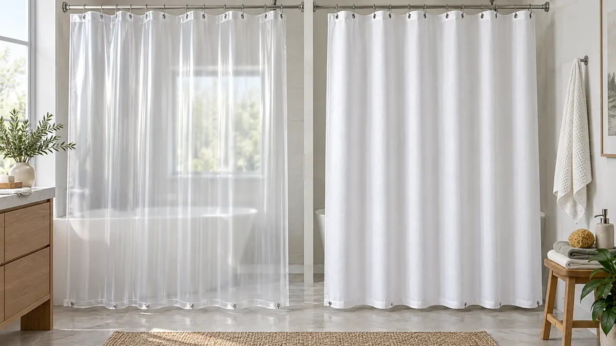 Clear and fabric shower-curtain liners in a bright bathroom