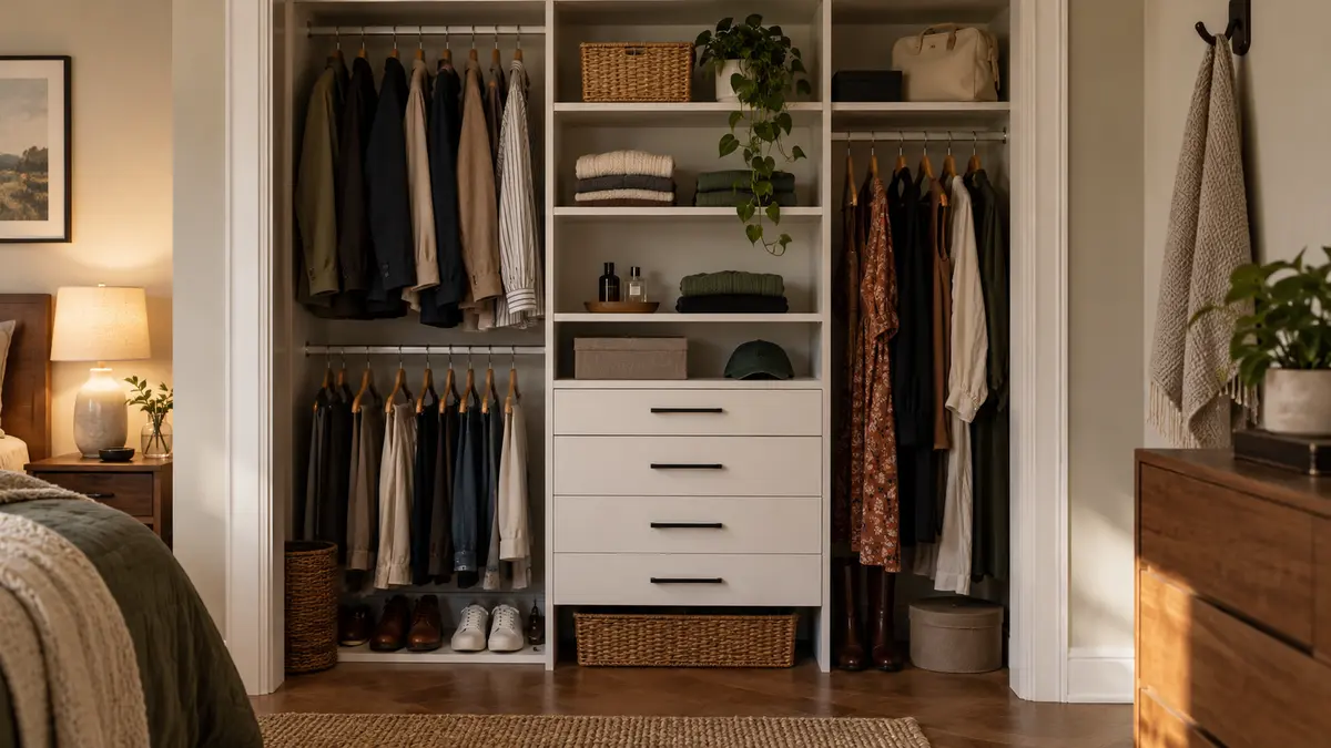 Compact closet organizer with shelves, drawers and hanging zones