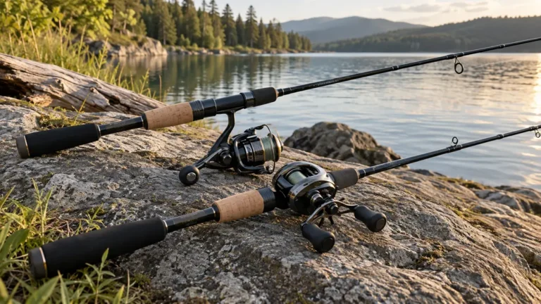 Spinning and casting fishing rods with matching reel seats near water