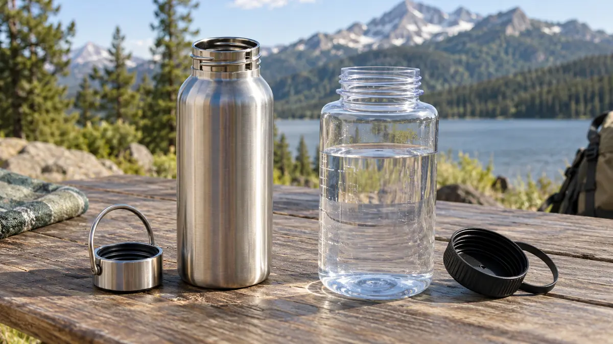 Stainless-steel and reusable plastic water bottles on a hiking table