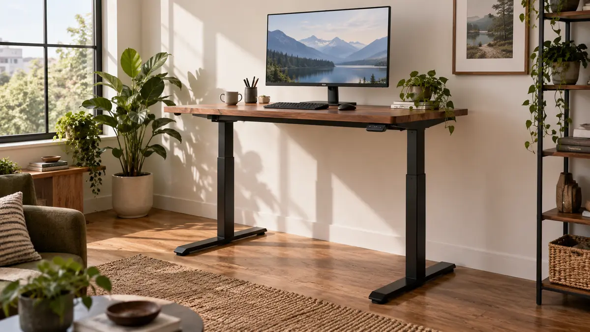 Height-adjustable desk at seated and standing positions in a home office