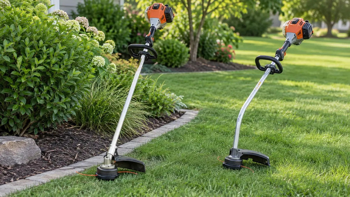 Straight-shaft and curved-shaft string trimmers on a lawn edge
