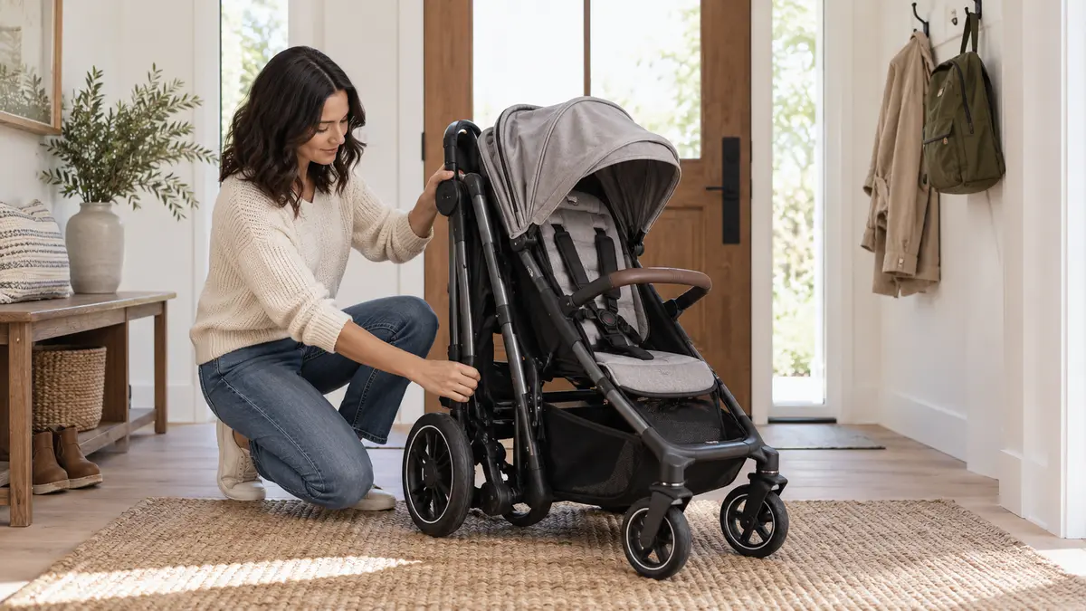 Modern unbranded stroller showing fold, wheels, brake and harness