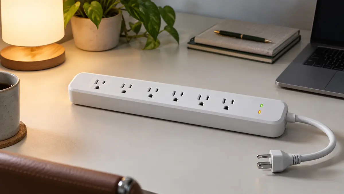 Unbranded surge protector with spaced outlets and status indicators