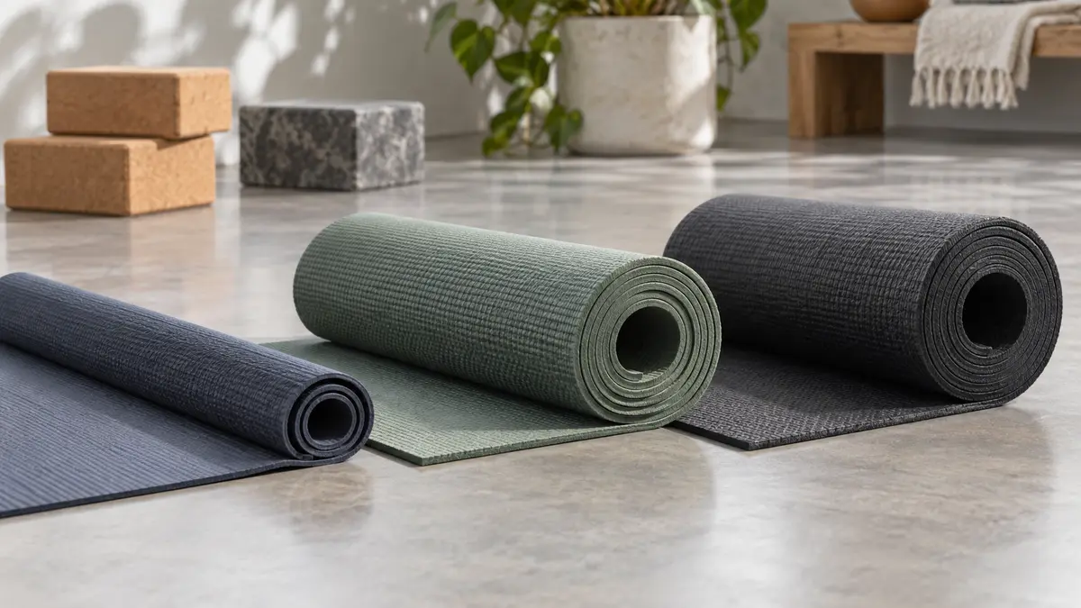 Yoga mats of different thicknesses showing textured grip surfaces